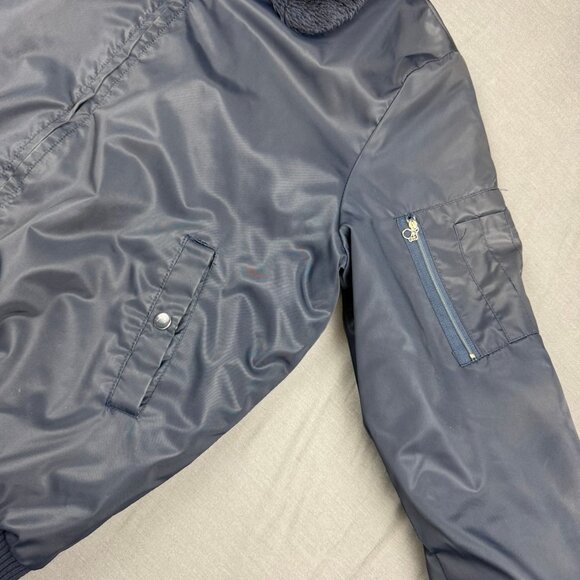 Vintage Sears Work Leisure 70s Fur Collar Bomber Flight Jacket Mens Large Blue - Picture 2 of 9